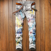嘻哈青年潮牌泼墨水洗彩绘涂鸦抽象印花牛仔长裤小脚修身裤男女款