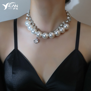 时髦水钻夸张项链女2023年锆石珍珠锁骨链小众设计感欧美颈链