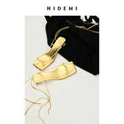 hidemi方头系带设计感小跟凉鞋，红色黑色，金色白色