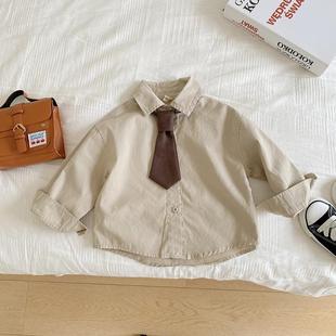 婴幼儿童长袖衬衫春季新款领带款宝宝上衣学院风外穿帅气潮款衣服
