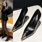 韩版秋冬朴彩英同款高跟鞋女2023年设计感气质金属尖头单鞋春