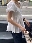 韩国ins简约气质大领减龄百褶设计显瘦泡泡，袖衬衫娃娃衫上衣
