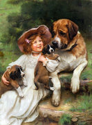 精准印花法国DMC十字绣 人物世界名画油画 小女孩与狗狗