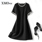 设计感小香风钉珠短袖黑色连衣裙夏季大码高端显瘦a字小个子短裙