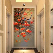 中式玄关装饰壁画事事如意竖版墙纸入户走廊过道壁纸寓意好柿子画