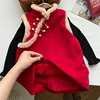 女童旗袍冬季2023洋装，毛呢中国风唐装，红色加绒背心裙子套装