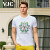 VJC/威杰思2024夏季短袖T恤男装花卉烫钻白色半袖男士休闲衣