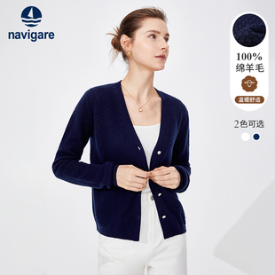 羊毛Navigare意大利小帆船秋季休闲针织开衫女蓝色显瘦毛衣外套