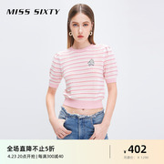 补单Miss Sixty针织衫女气质圆领条纹修身绣花钻饰上衣