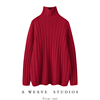 男女红色粗坑条重磅山羊绒，粗棒针织加厚短高领毛衣衫(毛衣衫)