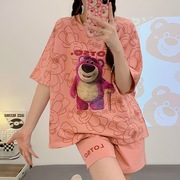 短袖短裤睡衣套装三成棉女生圆领套头薄款甜美可爱卡通家居服外穿