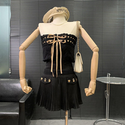 套装时尚轻熟风春季女黑色裹胸上衣搭高腰百褶短裙  G#25