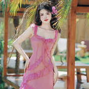 茶歇法式粉色吊带连衣裙女2024夏季不规则荷叶边度假风超仙长裙潮