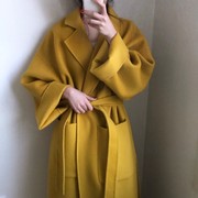 韩国chic设计款绑带翻领，长款姜黄色(姜，黄色)罕见外套宽松毛呢大衣