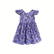 出口法国夏季女大童，荷叶袖深紫色印花宽松连衣裙，适合2-14岁