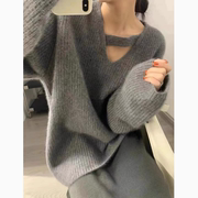 灰色v领镂空套头针织毛衣女秋冬设计感小众高级感日系慵懒风