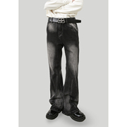M7美式高街复古cleanfit黑灰水洗微喇叭牛仔裤男宽松显瘦高长裤子