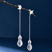 原创设计s925纯银白水晶，耳坠长款玉兰花，耳环女汉服旗袍耳饰中国风