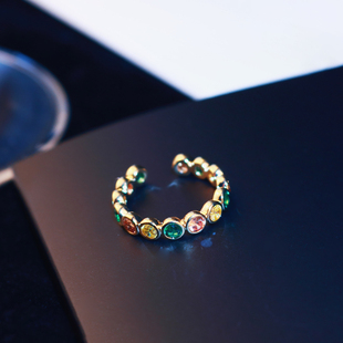 韩版小众设计彩色锆石开口戒指女欧美轻奢玫瑰，金简约(金简约)闪亮食指指环