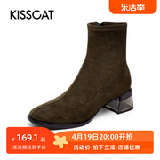 kisscat接吻猫秋冬季圆头，瘦瘦靴粗跟侧拉链，时装靴女靴ka10711-10