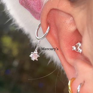 mercurys单颗锆石镶嵌迷你小耳圈闪闪流苏，吊坠耳扣纯银耳骨环耳钉