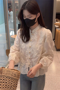 新中式衬衫女国风上衣春季2024高级感气质镂空刺绣法式小衫