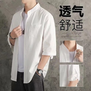 潮牌亚麻短袖衬衫男夏季宽松中国风衬衣，男士棉麻休闲纯色半袖上衣