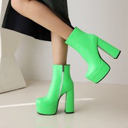 白色荧光绿靴子防水台粗跟高跟短靴女厚底欧美性感短筒大码靴 ZM