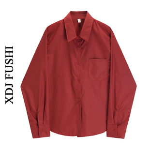 韩风chic设计感显白气质(白气质)玫红色衬衫，女早春叠穿内搭长袖上衣