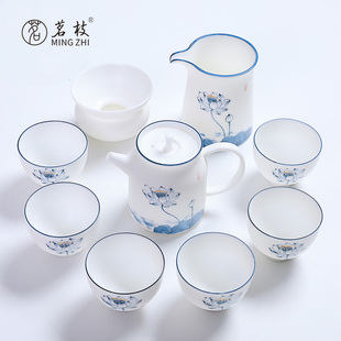 茗枝羊脂玉白瓷功夫茶具套装办公家用青花瓷盖碗茶壶茶杯中式