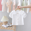 女童蕾丝翻领短袖衬衫，夏季婴儿白色上衣宽松儿童，衬衣女宝宝打底衫