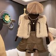 韩版女童秋冬季三件套装儿童，皮草马甲新年衣服加绒女宝潮宝时髦洋
