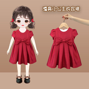 儿童公主裙宝宝周岁礼服，裙生日洋气，小女孩连衣裙夏季短袖红色