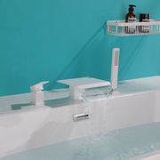 全铜浴缸龙头缸边式分体白色，瀑布式三件套加长大流量浴缸五金配件