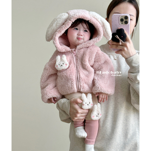 婴幼儿兔耳朵连帽毛毛，加厚外套冬季韩版女宝宝可爱加绒保暖上衣