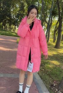 玫红色高级感羽绒服女2023冬季韩版宽松加厚白鸭绒外套中长款