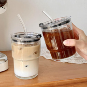 ins风竹节杯玻璃吸管杯，带盖便携式随行杯冰美式咖啡杯拿铁喝水杯