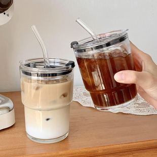 ins风竹节杯玻璃吸管杯 带盖便携式随行杯冰美式咖啡杯拿铁喝水杯