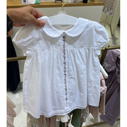 韩国su家童装 23夏女宝童上衣 薄款白色绣花翻领短袖娃娃衫衬衫Ac