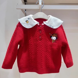 韩国童装 冬女童宝宝可爱甜美红色大翻领套头毛衣 针织衫外套