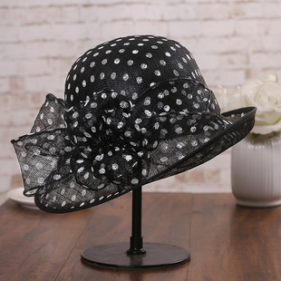 英式波点麻纱帽子女士夏季轻时尚，英伦优雅礼帽卷边气质渔夫帽盆帽
