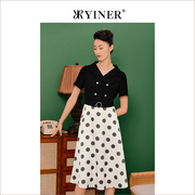 1996系列YINER音儿女装夏季复古翻领拼接黑白波点连衣裙