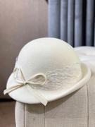 英伦蕾丝礼帽女秋冬时尚法式复古白色贝雷帽蝴蝶结羊毛呢毡帽圆顶