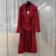 景V23D6087商场专卖2023冬时尚丽人女装系带长款双面羊绒大衣外套