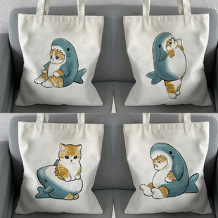 可爱鲨鱼猫咪Canvas Tote Bag 印花学生书包单肩手提帆布包购物袋