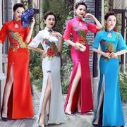 蓝色走秀旗袍2020中国风，舞蹈演出服改良复古风长款优雅连衣裙
