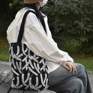 麦穗风 枫外原创自制重工刺绣大容量棉麻帆布包包 单肩包女生