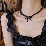 黑色珍珠蝴蝶结项链女款2024轻奢小众颈链锁骨，链女高级感配饰