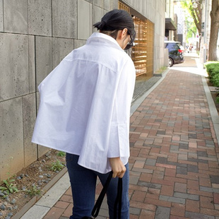 秋装长袖衬衫女短款韩版斗篷式宽松大码时尚衬衣白色纯棉上衣