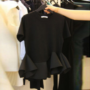 不规则t恤女夏短袖(夏短袖，)韩版女装宽松木耳荷叶，边下摆拼接收腰显瘦上衣